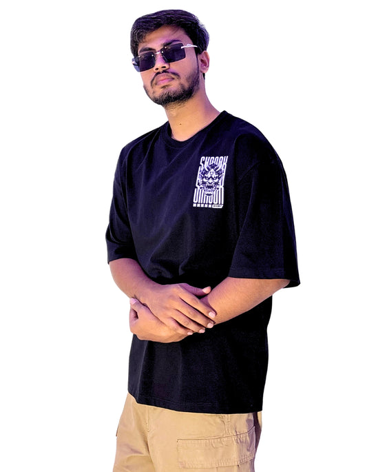 Oversized Black T-Shirt with Oni Demon & Shrook Print